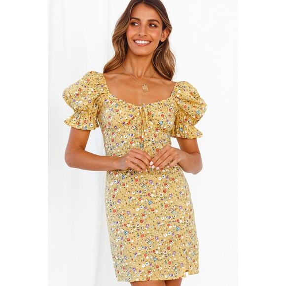 Yellow Floral Print Puff Sleeve Dress - Picture 1 of 3